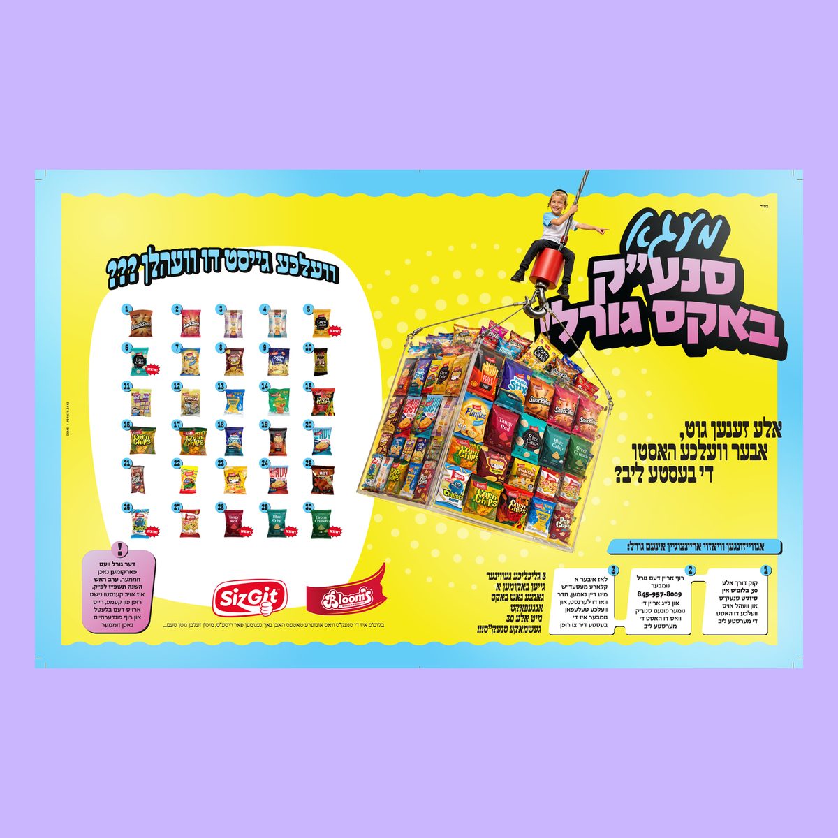 Yiddish flyer for the Blooms and SizGit Mega Snack Box goral