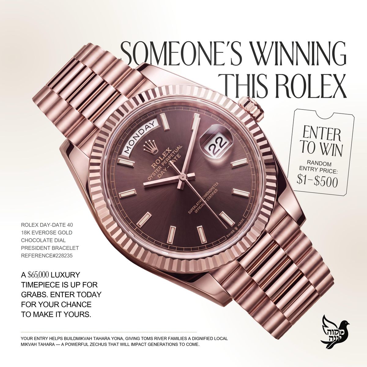 “Someone’s winning this Rolex” raffle flyer for Mikvah Tahara Yona