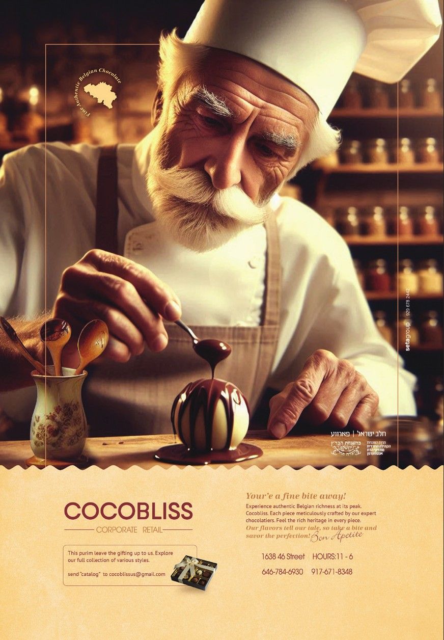 Cocobliss chocolate ad: a chef drizzling chocolate
