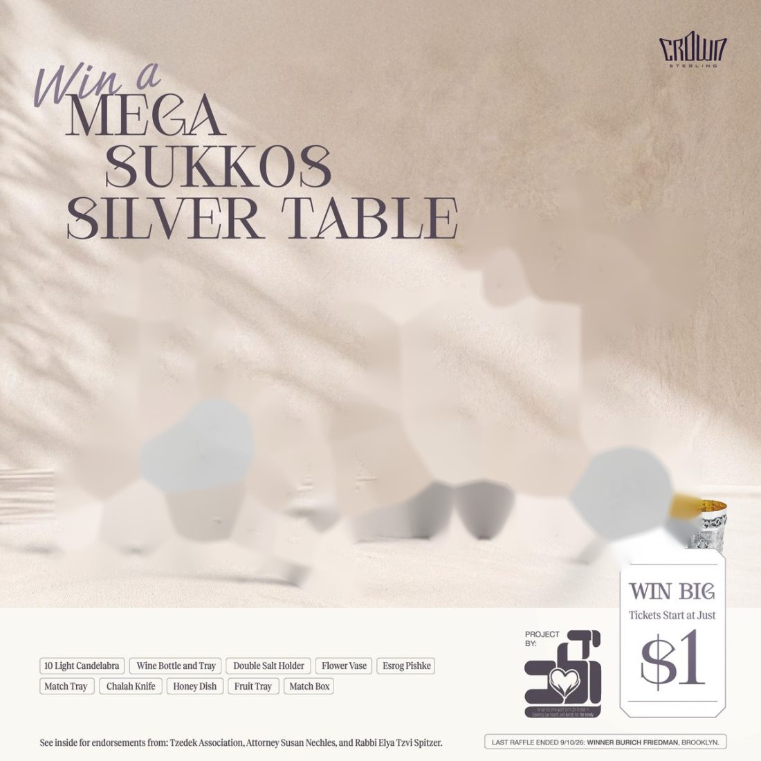 Mega Sukkos Silver Table raffle flyer: a full table of silver